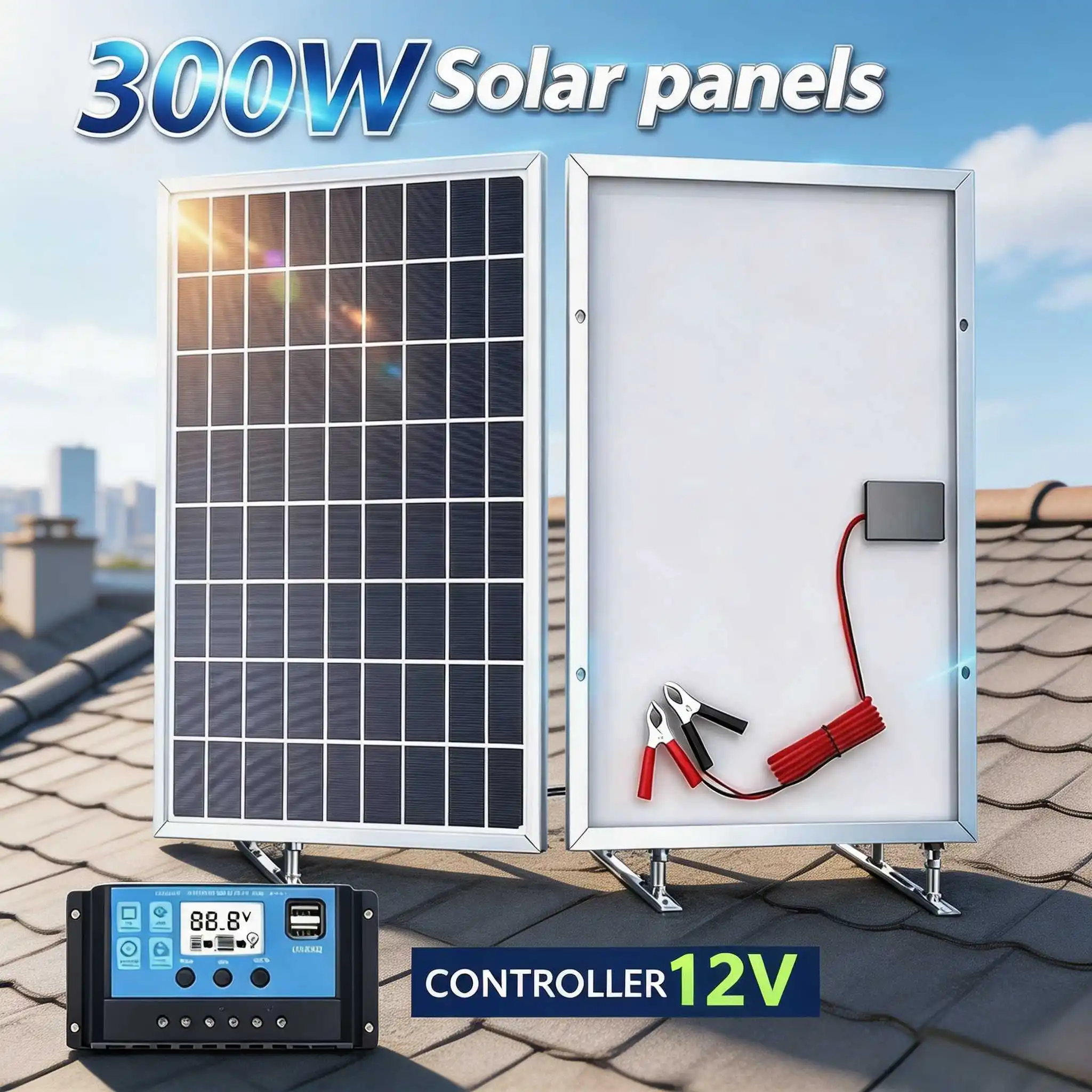 300W/600W Solar Battery Charger Kit with 100A Controller – Portable Power for Outdoor Camping, RV, and Off-Grid Travel