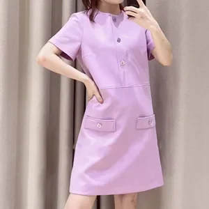 Women Purple Mini Dress Metal Buttons Round Neck Short Sleeve Elegant 2024 Summer Robe