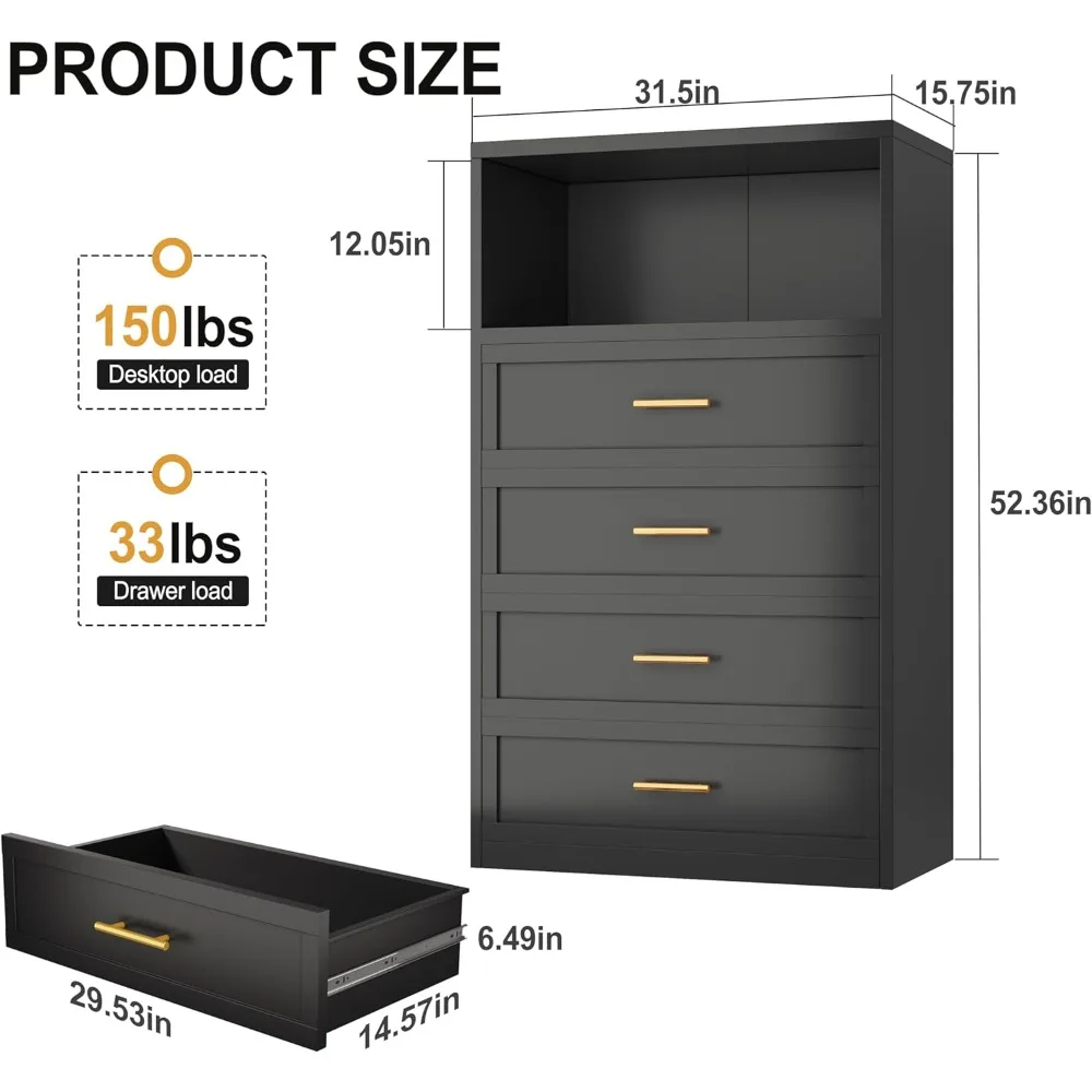 Tall Dresser Drawer for Bedroom, Metal Storage Chest of 4 Drawers and 1 Open Countertop, 52.4