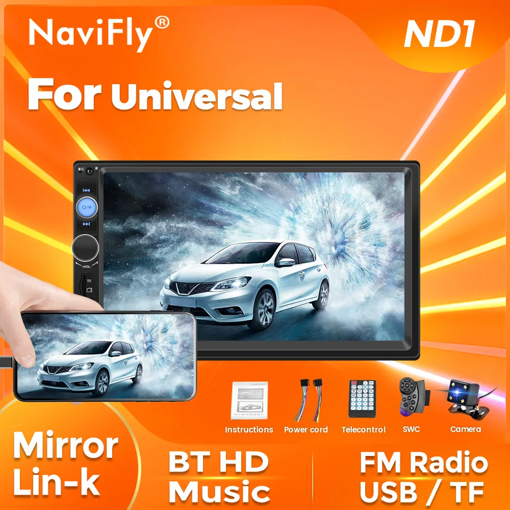 

Автомагнитола Navifly ND1, универсальная мультимедийная система с 7-дюймовым сенсорным экраном, с поддержкой Bluetooth, типоразмер 2 Din