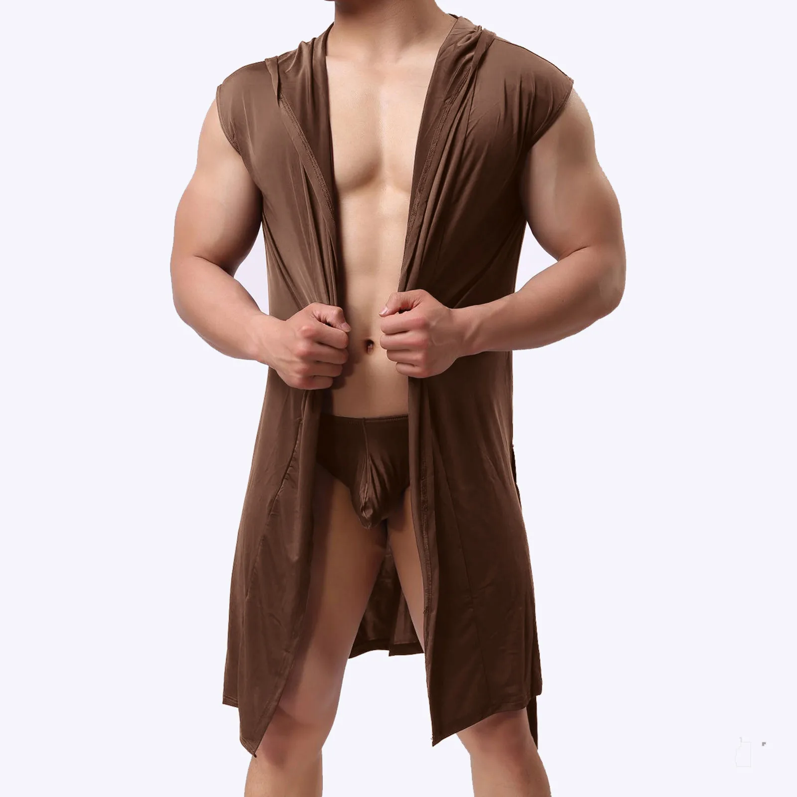 

Men's Mid Long Belted Bathrobes Sleeveless Hooded Homewear Solid Sexy Thin Bath Robe Gown Comfortable Sleepwear Pajamas