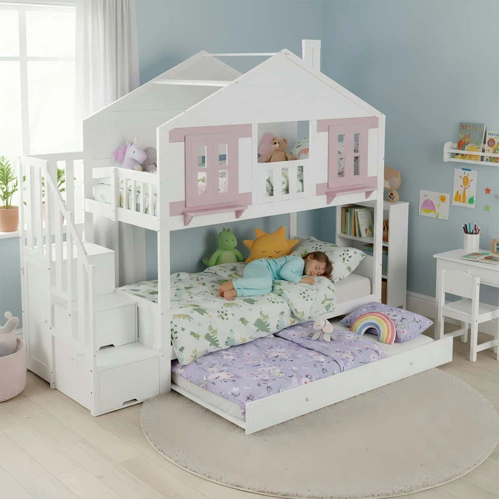 90x200cm Kinder-Etagenbett mit Ausziehbett, Babybett, Hängemöglichkeit, mit schönem Fenster und Dach, stabilem Schiefergitter