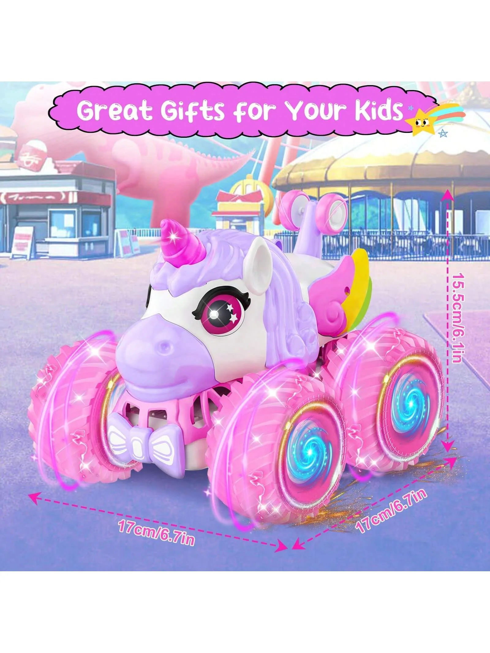 Coche acrobático Bigfoot con control remoto, coche acrobático RC de 2,4 GHz con luz LED y música, regalos de unicornio para niñas, regalos de cumpleaños al aire libre