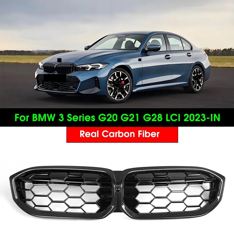 Touring Car Front Bumper Hood Kidney Grille For BMW 3 Series G20 G21 LCI 2023-IN Real Carbon Fiber Racing Grills Replacement