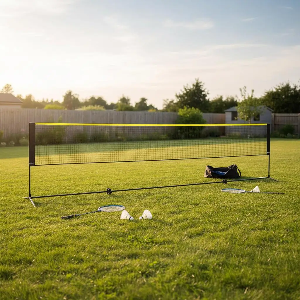 Height Adjustable Sports Netting System 20ft Wide For Backyard Indoor Outdoor Court, Foldable Frame Stand Carrying Bag Racket