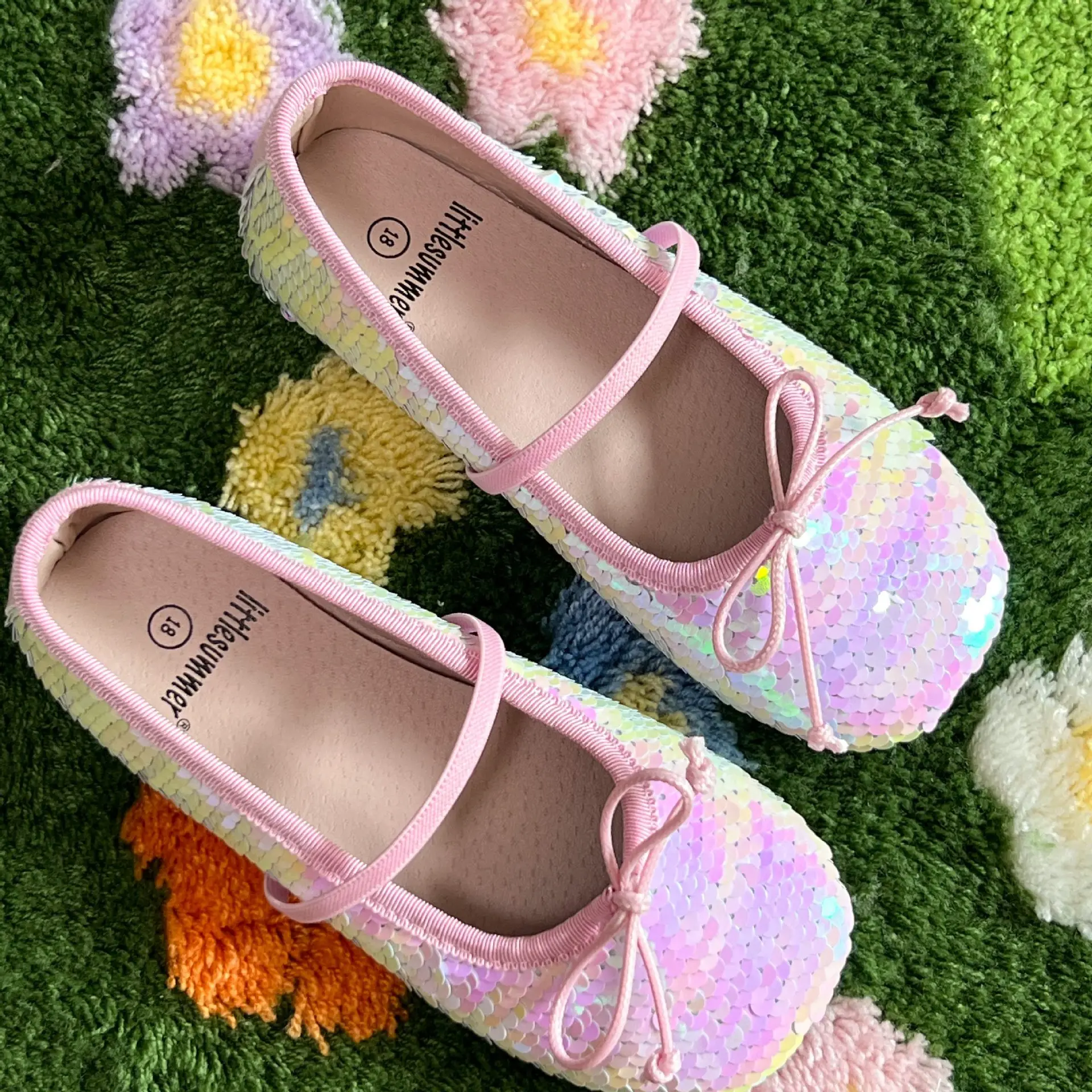 Two Tone Sequins Girl's Ballet Dance Shoes Sweet Mermaid Scales Bow Children's Flat Shoes Evening Party Kids Shoes