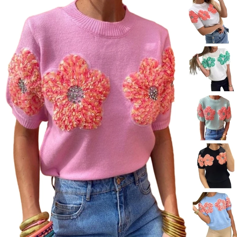 Pull moderne pour femmes, pull à fleurs 3D, haut tricoté à manches courtes