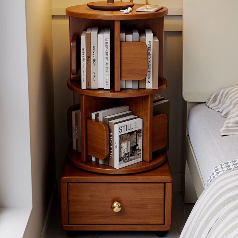 Solid wood rotating small bookshelf moving wheeled bedroom children's bookcase simple bedside table bedside storage shelf