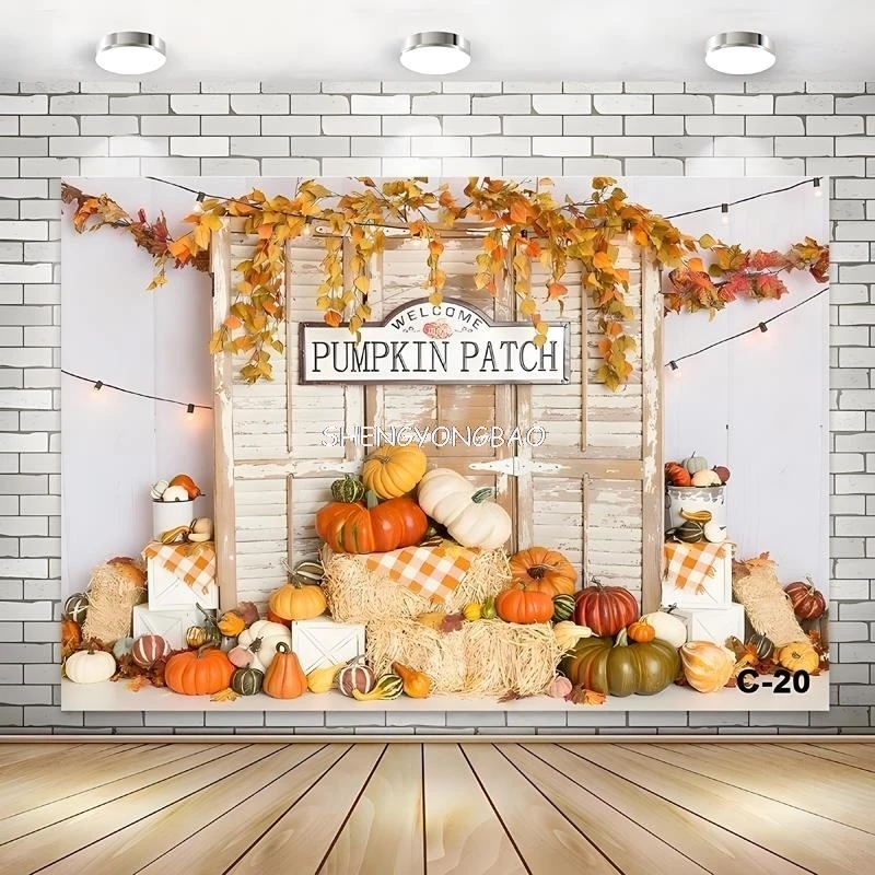 

Halloween Day Autumnal Pumpkins Photography Backdrops Props Maple Leaf Scarecrow Farm Harvest Thanksgiving Background RR-07