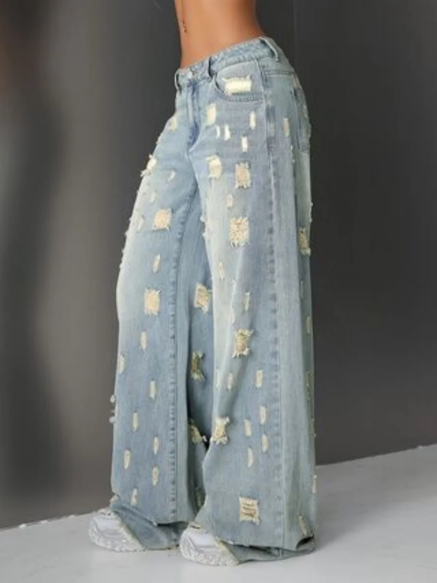 กางเกงยีนส์ทรงตรงขากว้างเอวสูงสไตล์วินเทจอเมริกันสำหรับผู้หญิง ช่วยให้ดูผอมเพรียวและใช้งานได้หลากหลาย