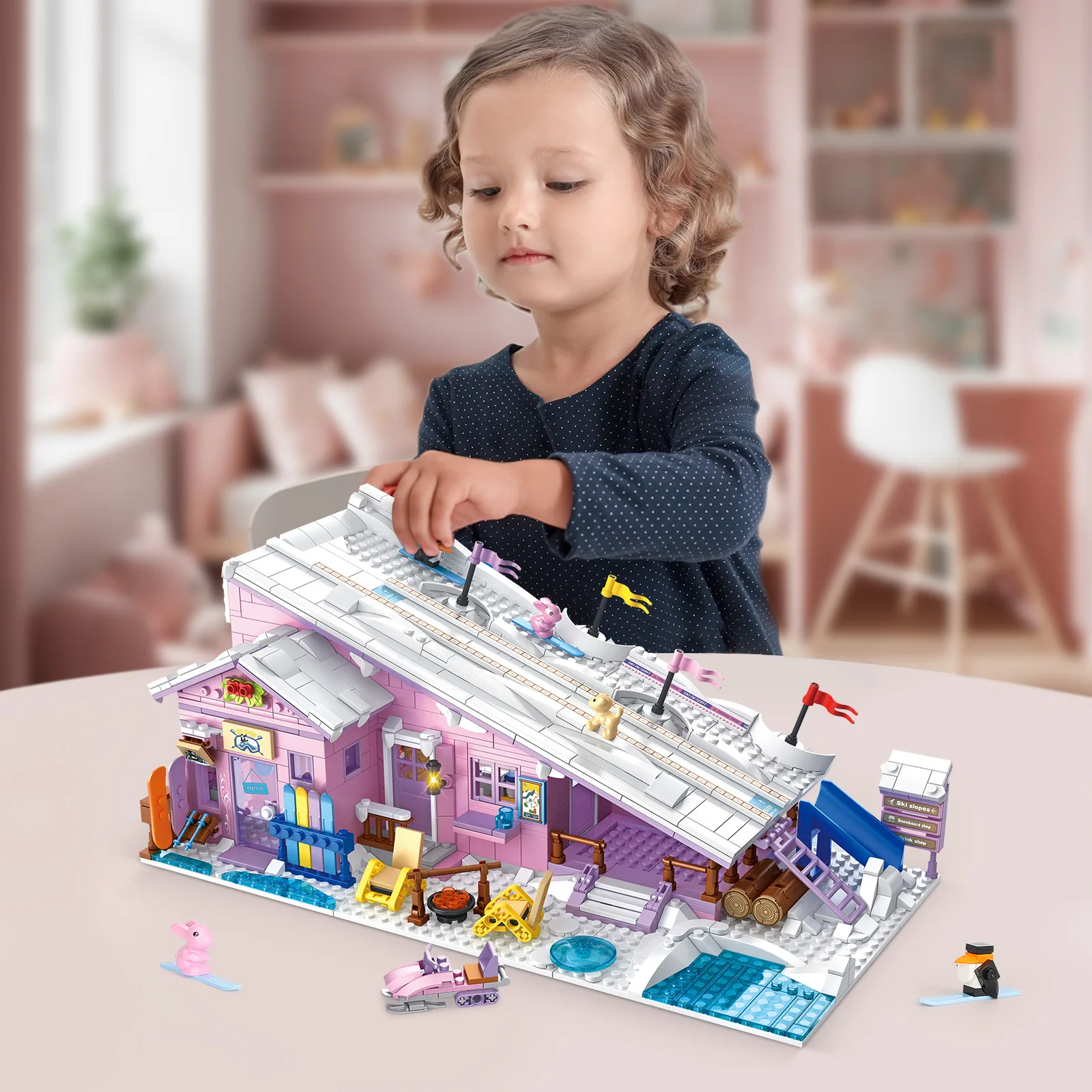 

Creative House Architecture Brick Street View Ski Resort Construction Model Sets Building Block Toys Collection For Gifts