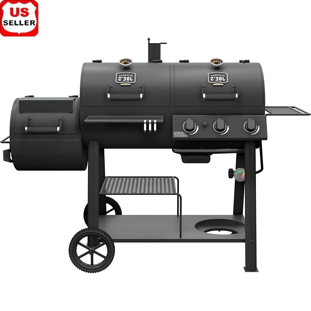 

Charcoal Propane Gas Smoker Grill Combination with Firebox Fuel Gauge Adjustable Dampers and Cleaning Ash Pan