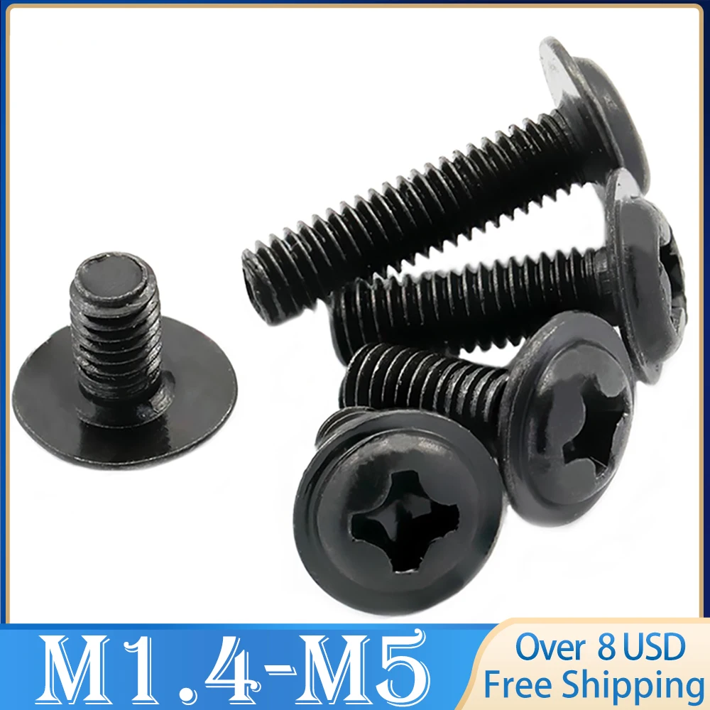 100pcs/Lot Cross Round Head with Pad Screw M1.4-M5 PWM Carbon Steel Black Pan Head with Gasket Machine Teeth Electronic Screw