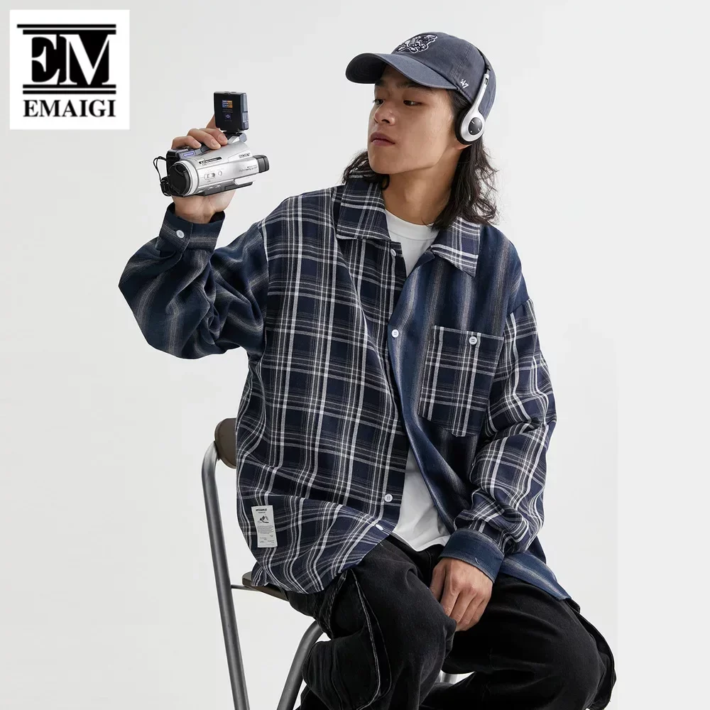 Men Streetwear Fashion Stripe Splice Plaid Vintage Loose Casual Long Sleeve Shirts Man Cityboy Oversized Blouses