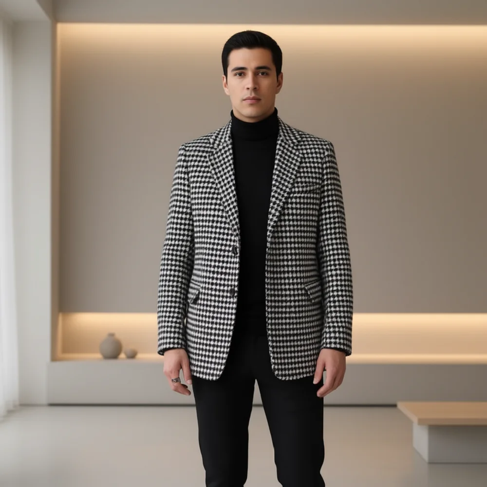 Men's Checkered Blazer with Two Buttons One-Piece Business Suit Jacket Notch Lapel Houndstooth Fashion Outerwear