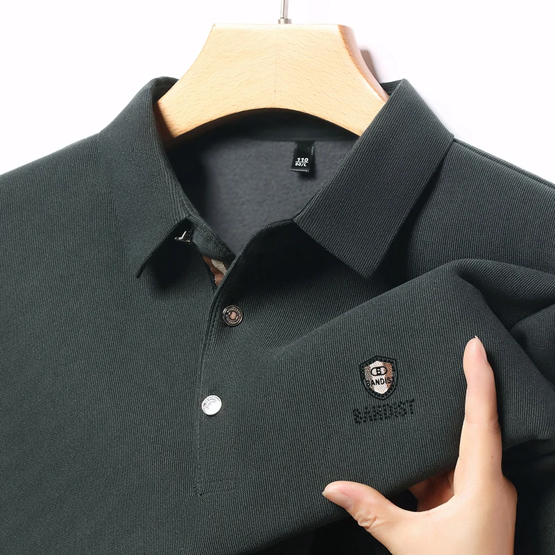 Luxury Men's Solid Color Polo Shirt Autumn Warm Comfortable Daily Office Lapel Long Sleeve T-shirt Commute Men's Clothing