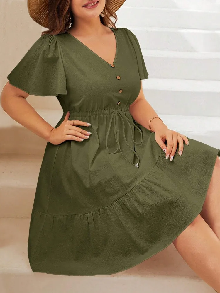 Plus Size Summer Short Sleeve V-Neck Mini Dress Women A-Line Ruffle Pleated Fashion Ladies Dresses Loose Casual Woman Dress