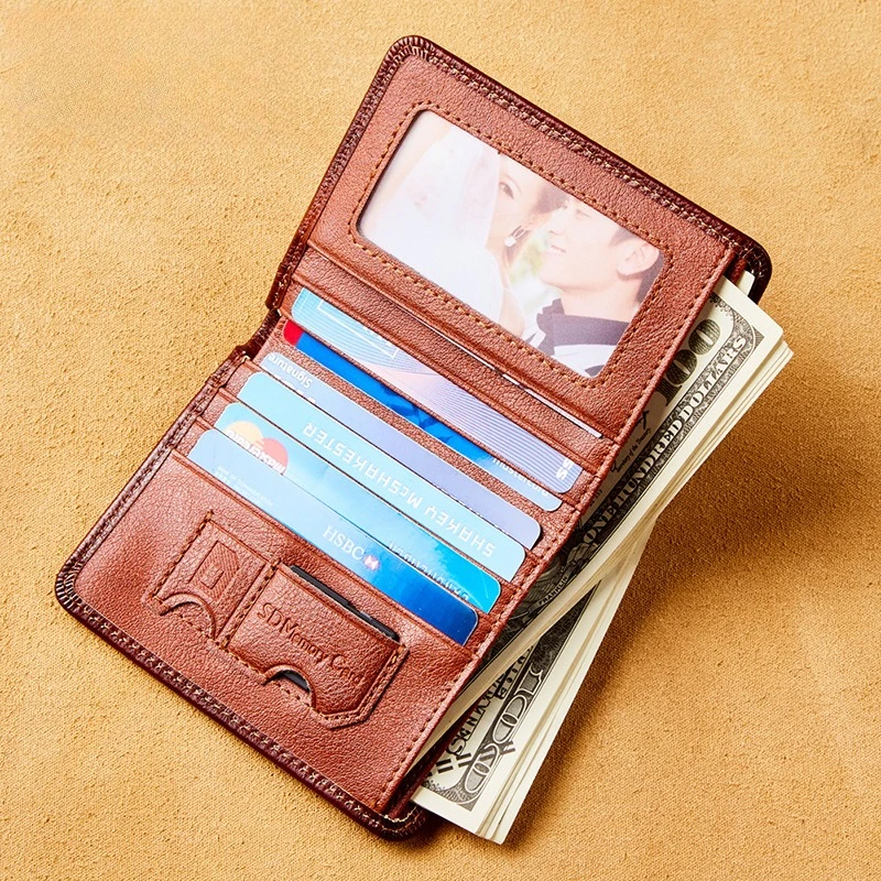 New Men's Wallet Two Fold Vertical First Layer Cowhide Anti-theft Swipe Card Degaussing Leather Wallet Business Popular Wallet