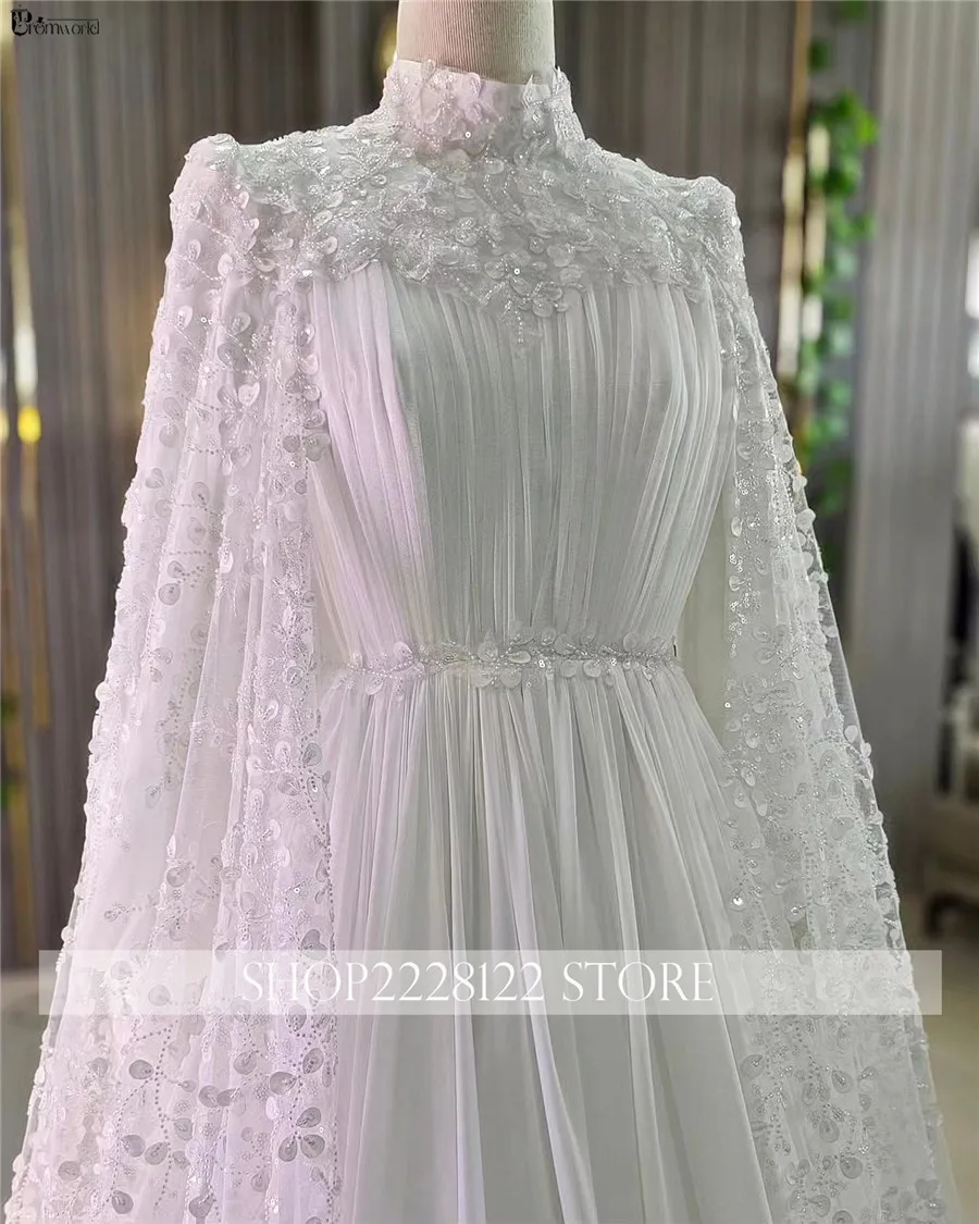 Dubai Abito Da Sposa di lusso musulmano che borda abiti Da Sposa a maniche lunghe pieghettati in Chiffon con scollo alto a trapezio in pizzo a trapezio