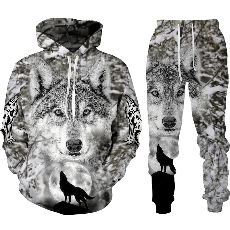 Spring Autumn  3D Animal War Wolf Printed Men's Hooded Sweater Set Male Sportswear Tracksuit Long Sleeve Men Clothing Suit