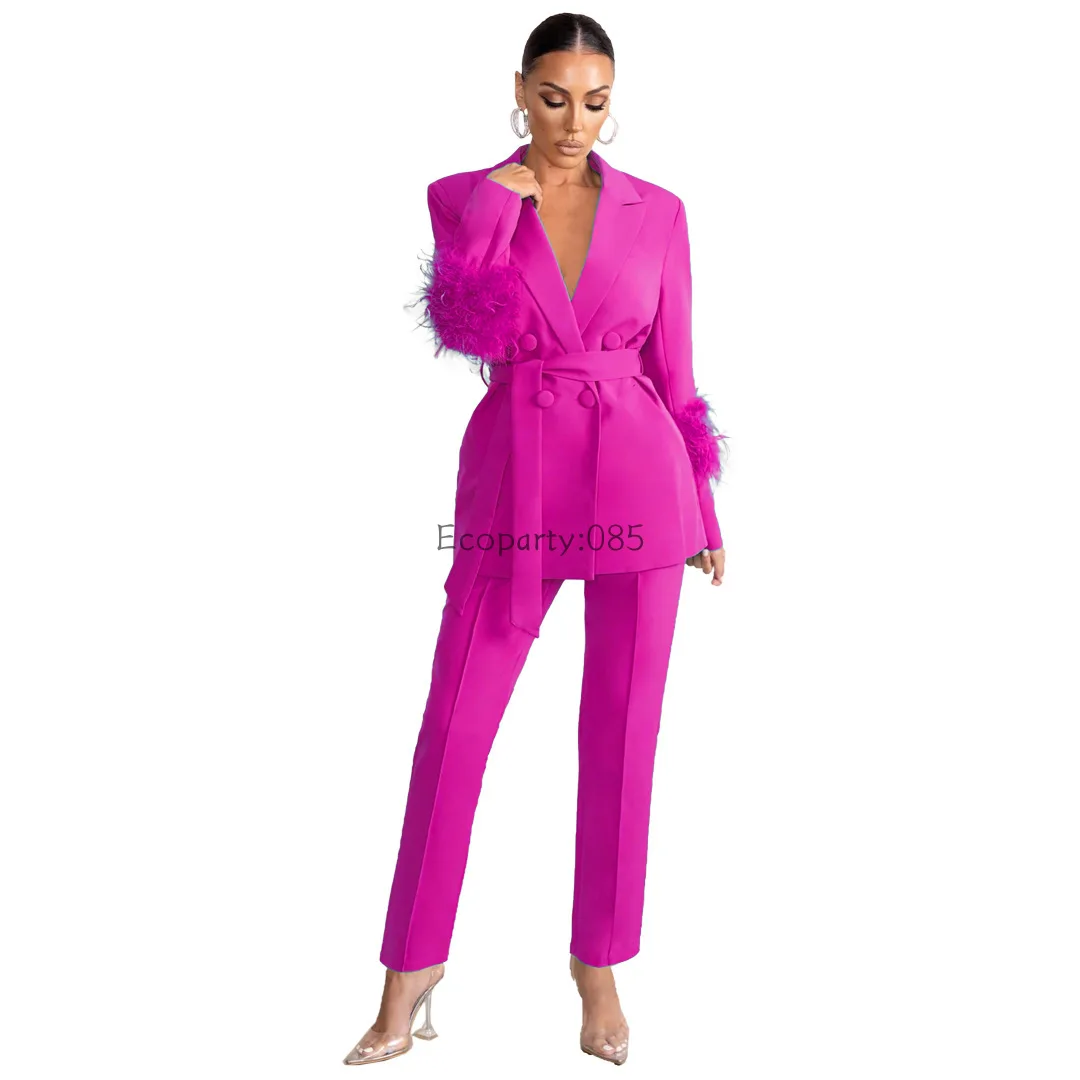 Elegant Women 2 Piece Set Solid Notched Neck Blazer Zipper Long Pants Feather Upright Coat Ladies Suit Fall Winter Office Wear