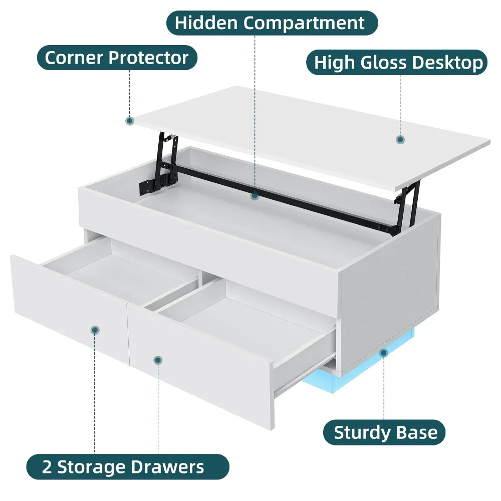 LED Lift Top Coffee Table with Storage Modern Coffee Tables for Living Room Rectangle High Gloss Center Table with 2 Drawers