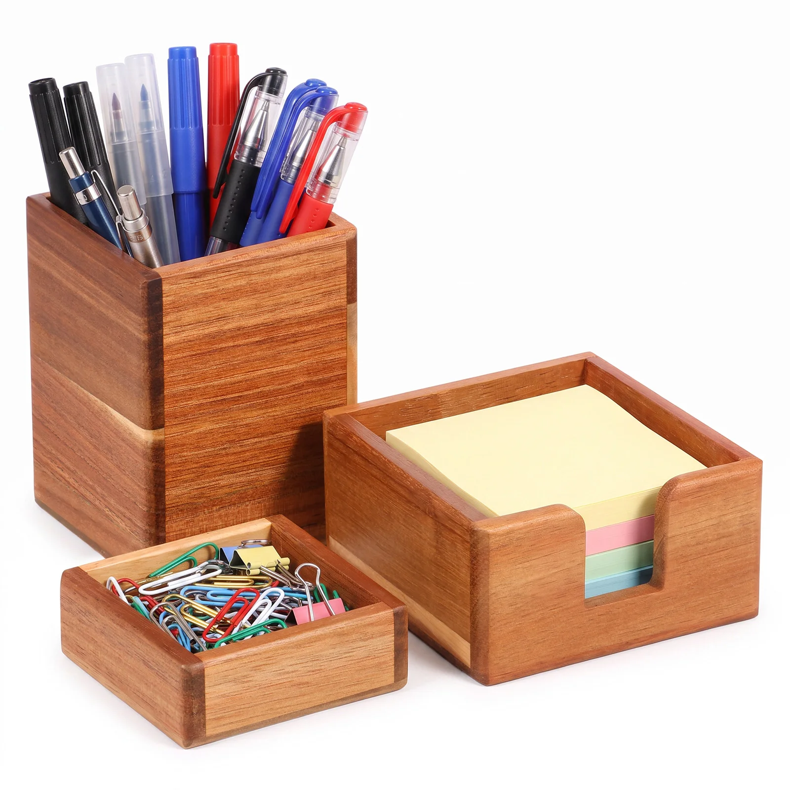 Set of 3 Wood Office Desk Organizer Set Compact Desk Sorted Storage Box Pen Holder Sticky Note Holder and Paper Clip Storage Box