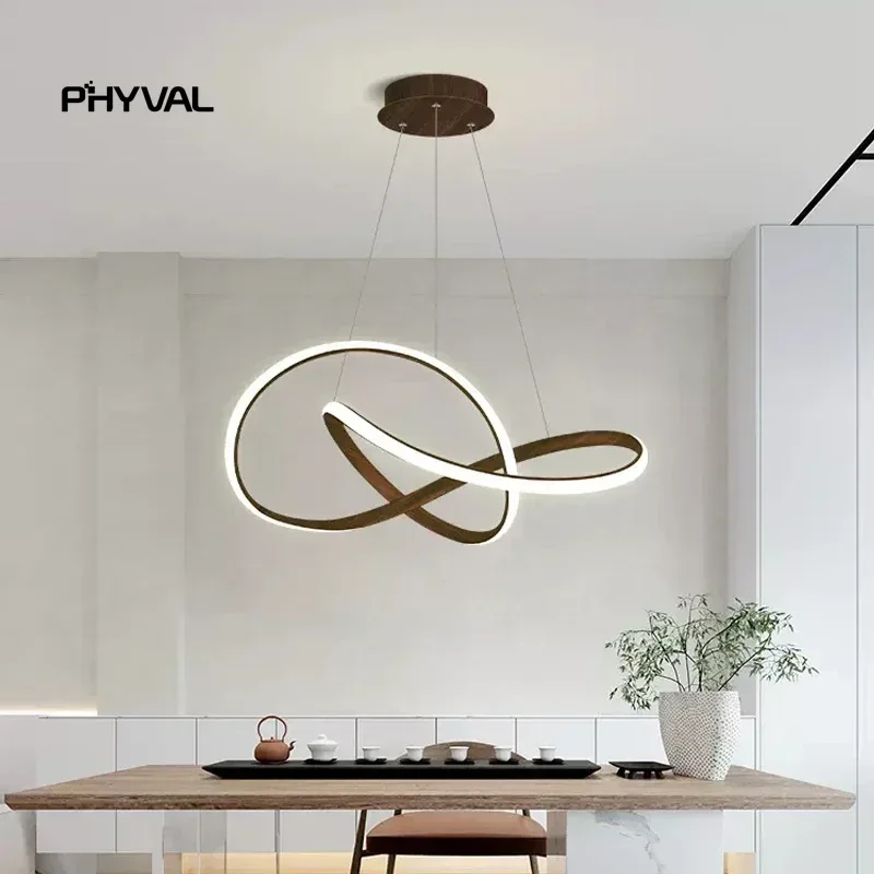 Nordic LED Pendant Lamp Anéis de grão de madeira Linha de alumínio suspensa Iluminação de escurecimento remoto para quarto principal e sala de estar