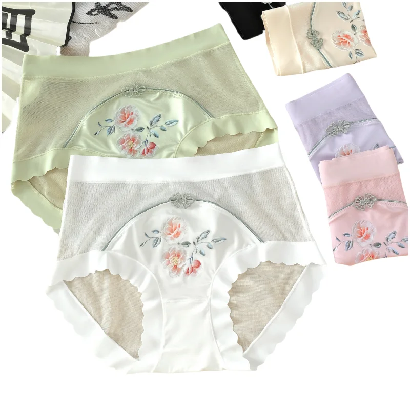 

3PCS/Set Women's Panties Chinese Style Embroidery Mesh Soft Flexible No Trace UnderwearPlus Size 5XL Female Underpants