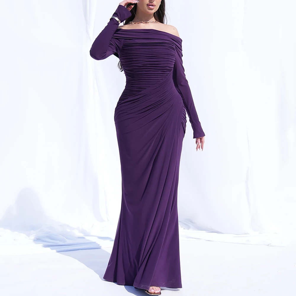 

Customized Boat Neckline Jersey Simple Evening Dress Pleat Full Sleeves Mermaid Party Dress Backless Floor Length Prom Gown
