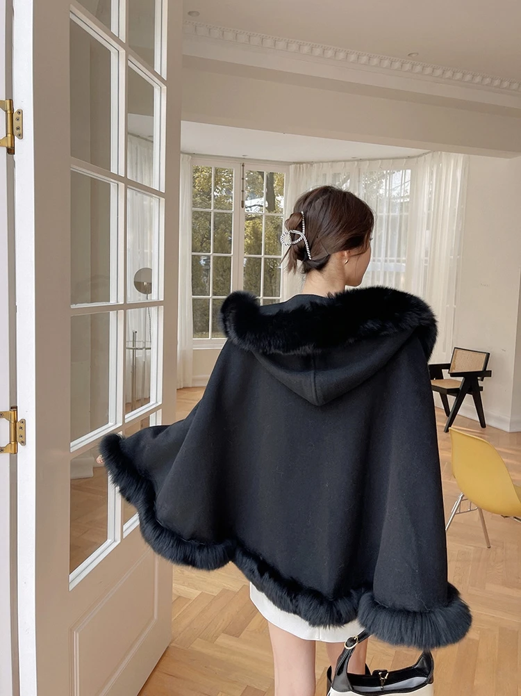 2022 Women Poncho Cardigan Real Fox Fur Coats Wool Warm Shawl Jacket Autumn Winter Black Cloak Outwear Tops