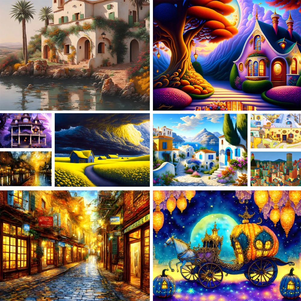 Landscape Colorful House Printed Fabric Cross Stitch DIY Embroidery Kit Hobby Handiwork Craft Handmade Needle Floss For Adults