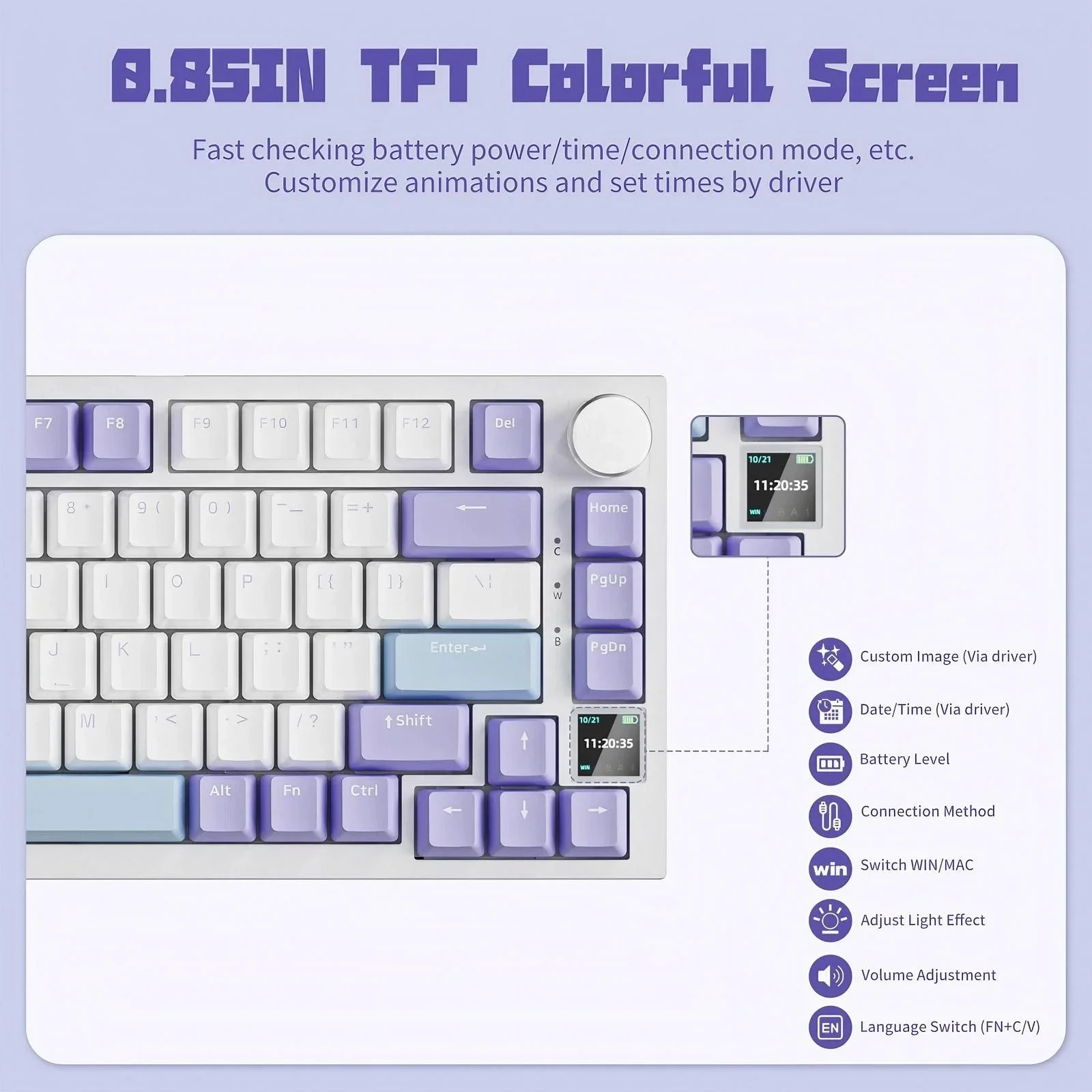 คีย์บอร์ดแบบ Hot Swap 75 ปุ่ม พร้อมไฟ RGB LED หน้าจอ TFT แบตเตอรี่ 4000mAh เชื่อมต่อแบบ BT 24G แบบมีสาย ควบคุมด้วยปุ่มหมุน สำหรับอีสปอร์ต รองรับ Windows และ Mac