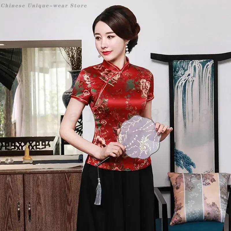 

Red Vintage Chinese Satin Tang Clothing Tops Women Print Floral Shirt Mandarin Collar Blouse Han Fu Top Plus Size 3XL 4XL 5XL