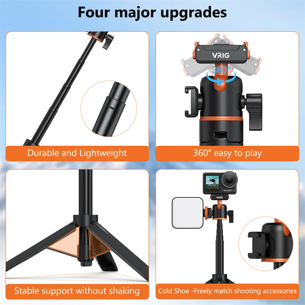 Statyw magnetyczny VRIG do DJI Osmo Action 6 5 4 3, regulowany statyw do selfie, akcesoria do kamer akcji z głowicą kulową 360° i mocowaniem ColdShoe — zdjęcie produktu 5