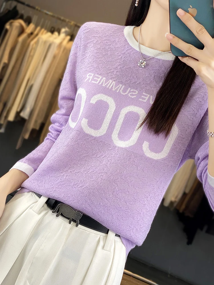 

Women's Korean Round Neck Sweater, 100% Pure Wool, Monochromatic, Long Sleeve, Base Knit, Letter Pullover, New, 2022