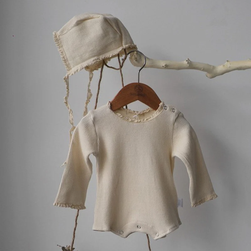 2024 New Autumn 0-24M Children Clothes Newborn Baby Girls Bodysuits Long Sleeved Waffle Cotton Infant Baby Girls Jumpsuit+Hat