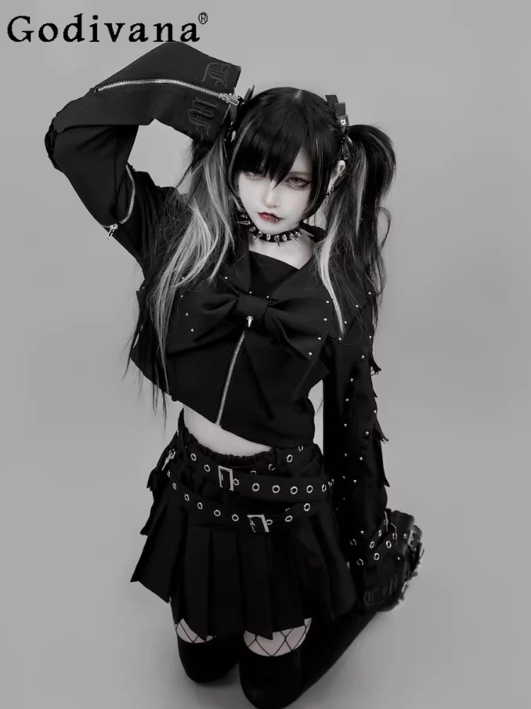 

Personalized Punk College Sweet Big Bow Navy Collar Long Sleeve Zipper Jacket High Waist A-line Sexy Street Pleated Skirt Sets
