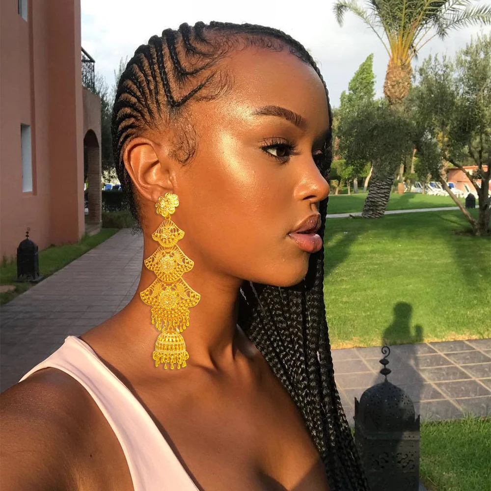 New Fashion Dubai Long Tassels Earrings African Dubai Gold Color Drop Earrings For Women Pendant Stud Earrings Wedding Jewellery