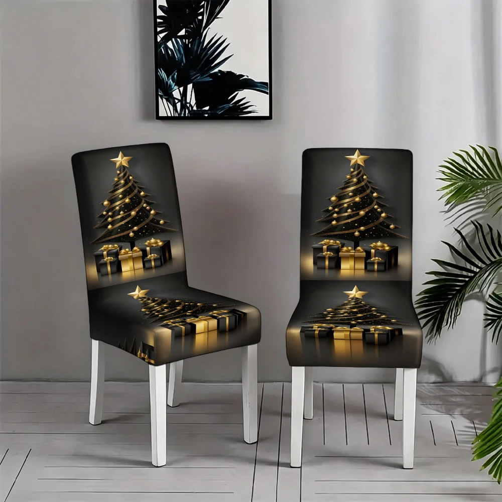 Black Background Luxury Golden Christmas Tree Star Gift Box Dining Chair Slipcover Stretch Xmas Holiday Chair Cover