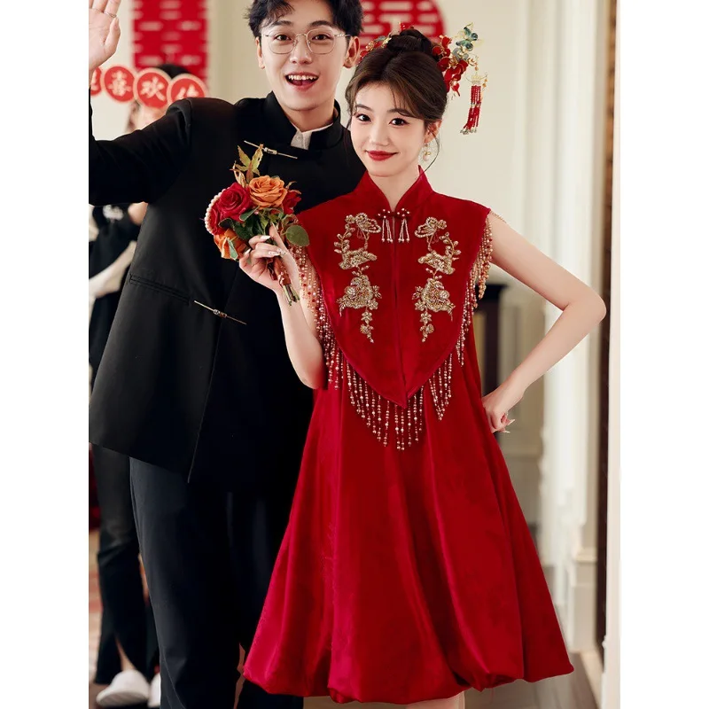 Vestido de compromiso para mujer, Cheongsam chino con cuello Halter, vino tinto, brindis, boda, vestidos de mañana, interés especial, ligero, lujo, verano