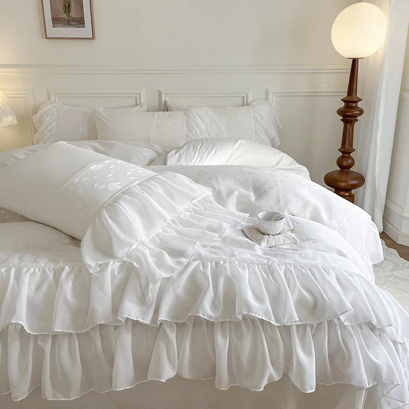 White Washed Cotton Jacquard Bedding Sets Luxury Chiffon Lace Princess Duvet Cover Fitted Bed Sheet Pillowcases Home Textile
