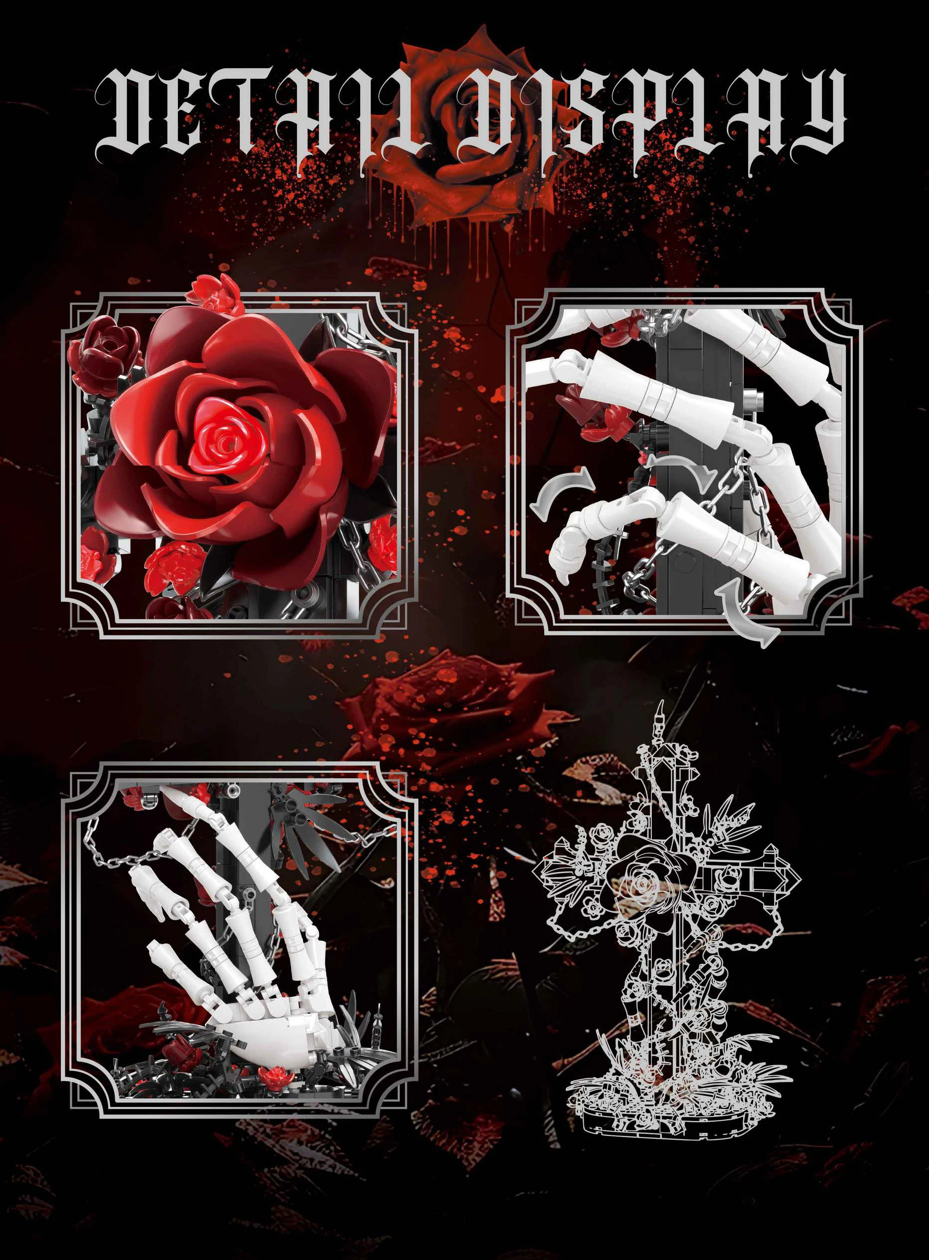 Idea Baustein Rote Rose Deudtion Lernspielzeug Blumen-Skelett-Hand Kreuz-Konstruktions-Baustein-Modell Sammlerstück Schreibtisch-Deko – Detail 3