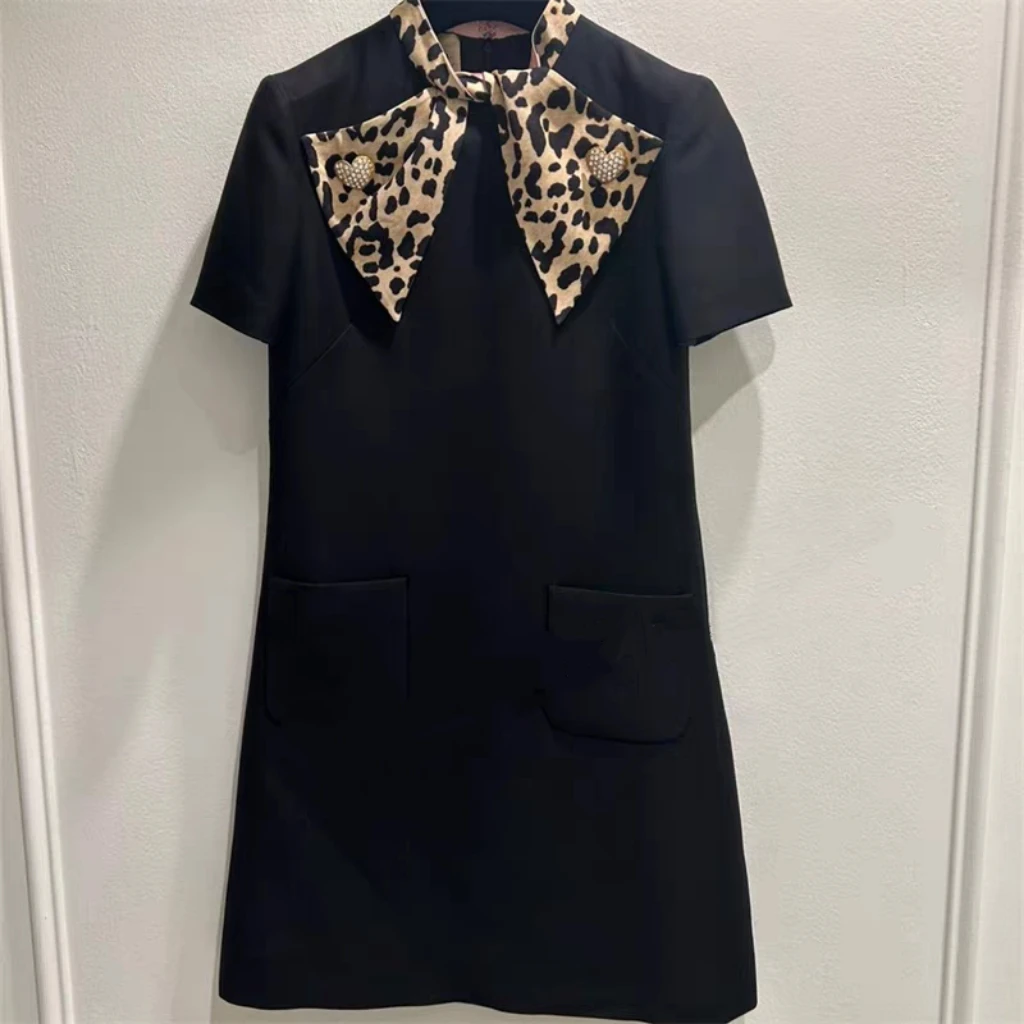

Elegant Black Leopard Print Dress with Bow Detail Short Sleeve Women's Fashion High Waist A-Line Summer Dress Collar