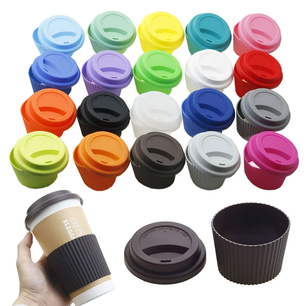 JCD 1Set Universal Silicone Cup Lid + Cup Cover Insulation Anti-Dust Cup Sleeve Coffee Mug Lids Non-slip Water Bottle Sleeve