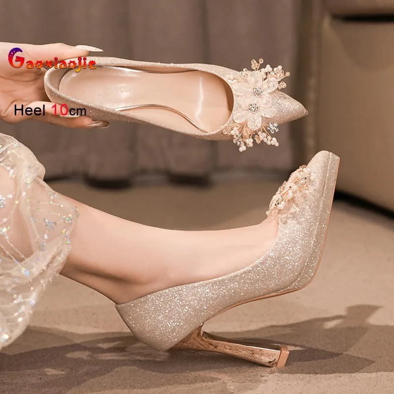 

2026 Elegant Crystal Wedding Shoes Women's High Heels Rhinestone Shallow Mouth Pointy Toe Single Shoes Spring Fashion Lady Pumps