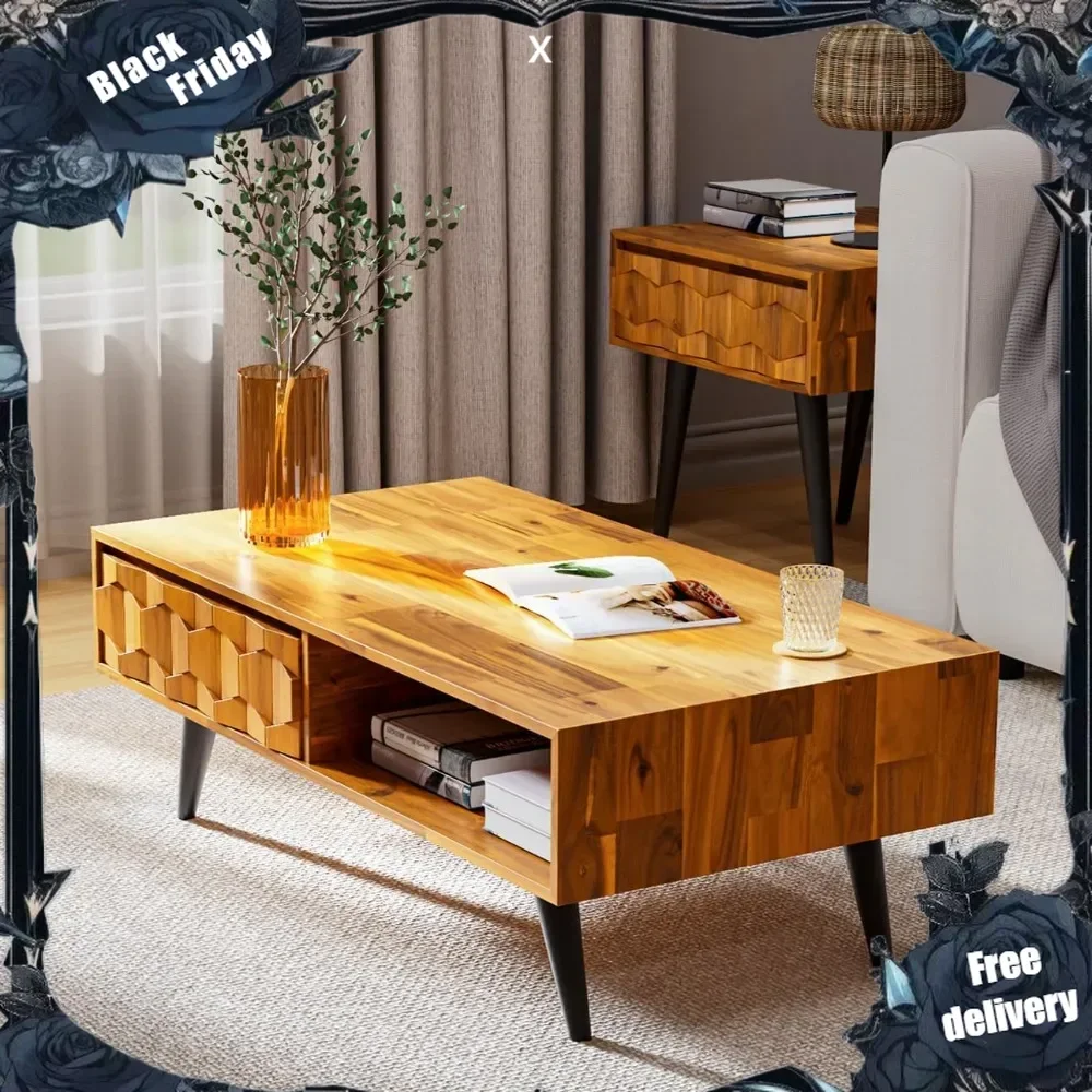 

Georgina Solid Wood Coffee Tables for Living Room, Coffee Table Mid Century Modern with 2 Symmetrical Storage Drawers
