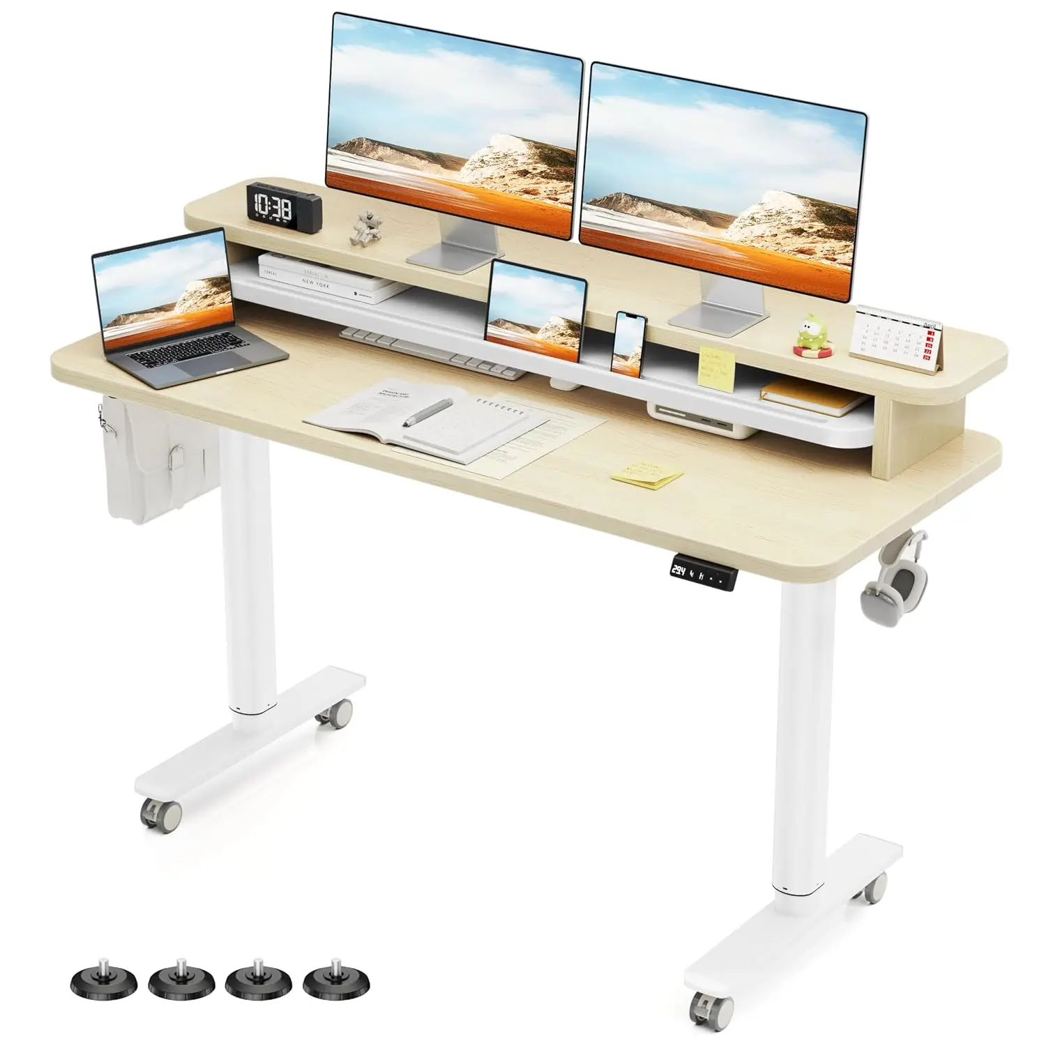 Electric Standing Desk Height Adjustable Dual Monitor Stand Memory Controller Casters Hooks Home Office 55x24in, Customized