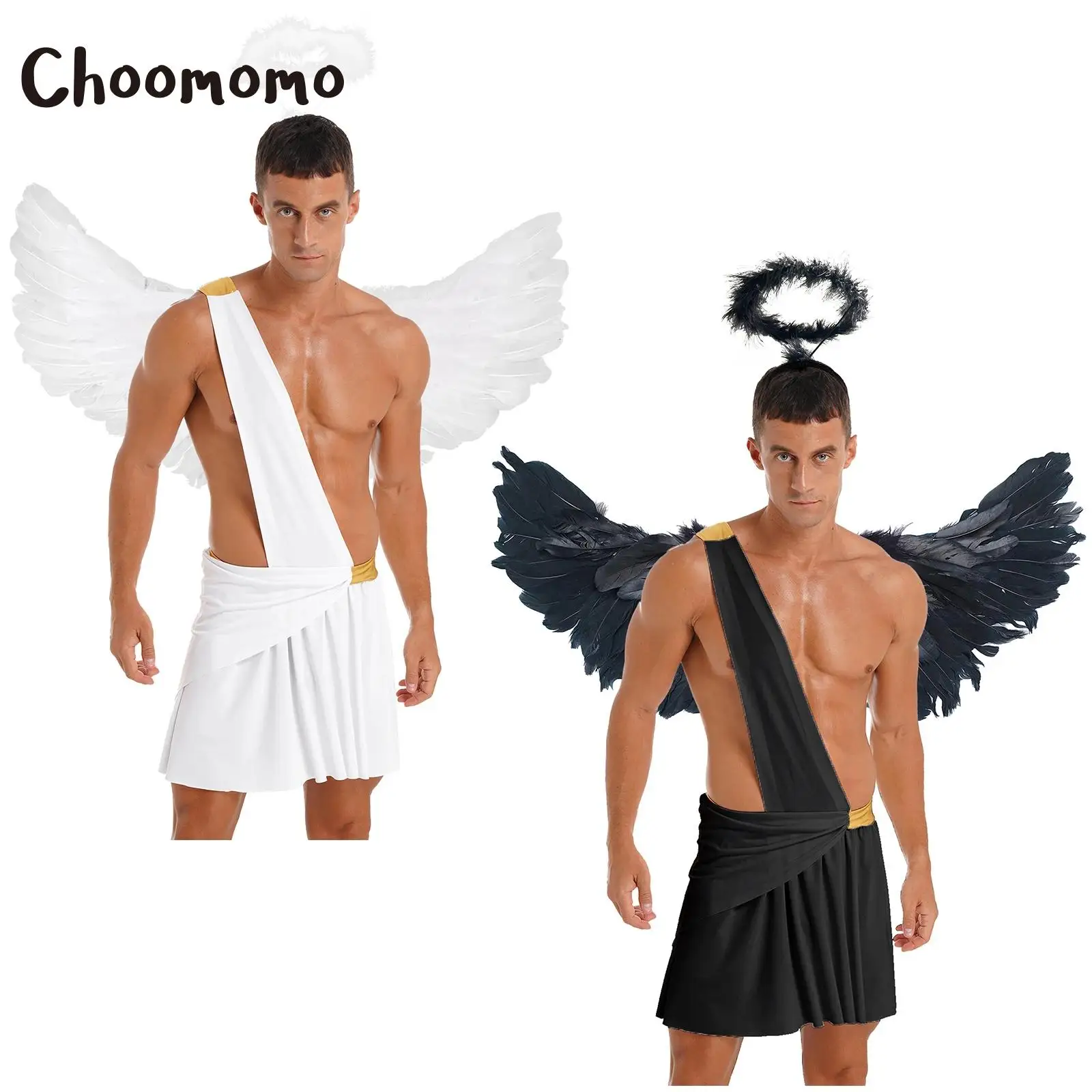 

Men Ancient Greek God Costume One Shoulder Strap Skirt with Feather Angel Wing Hair Hoop Halloween Cosplay Knight Warrior Outf