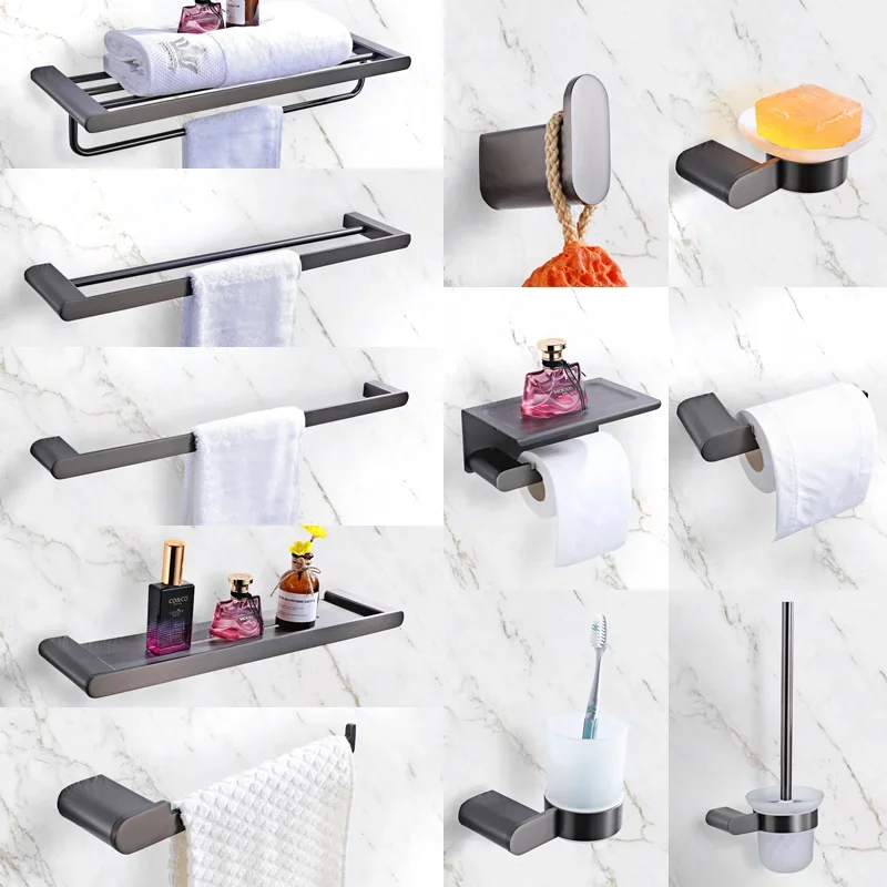 Grey Bathroom Hardware 304 Stainless Steel Towel Rack Toilet Paper Holder Liquid Soap Holder Towel Bar Toile Bathroom Kit